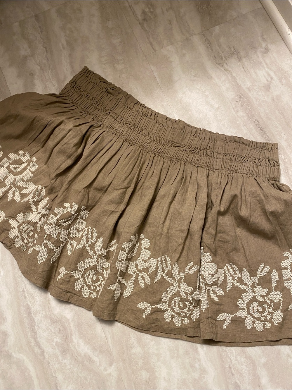 aerie Tan Cotton/Linen Embroidered Smocked Waist Skirt
